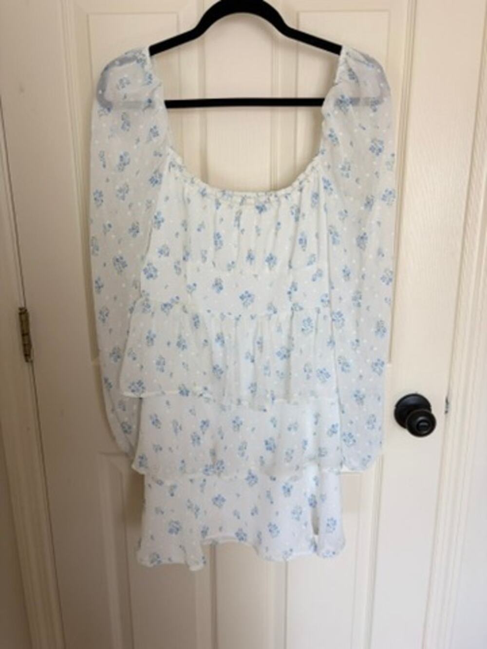 Altar’d State Blue Floral Smocked Mini Dress L Puff Sleeve